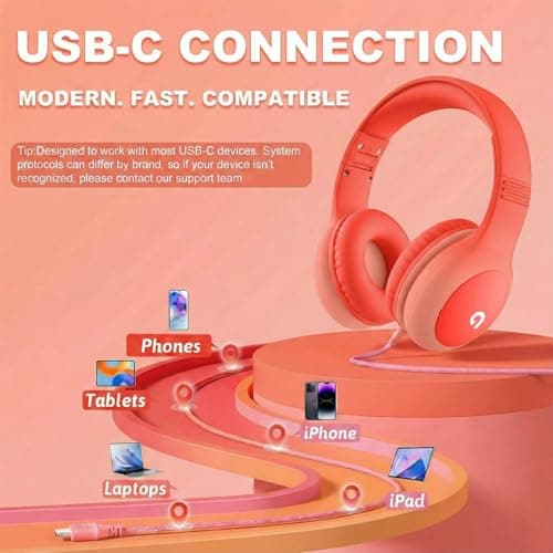 ADOOPE Wired Kids Headphones with USB C Plug, 85dB Safe Volume, Adjustable Headband, Tangle-Free Cord Headphones for School, Tablet, Travel (Coral Red & Soft Peach, Without Microphone) — view 4
