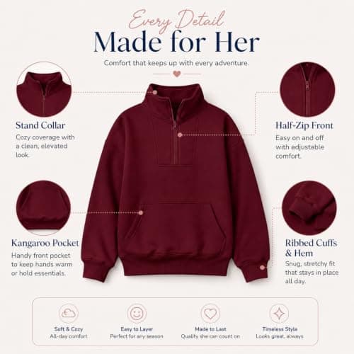 XMWSPO Girls Fleece Thermal Tops,Quarter Zip Jumper with Thumb Hole,Travel — view 6