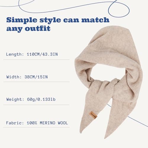ACUSHLA 100% Merino Wool Triangle Scarf Women Neckerchie, Light Beige — view 4
