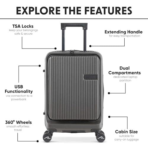 Dellonda 20" Cabin Size Luggage with 2 x Laptop Compartments, Dual TSA Lock, USB Functionality, 4 x 360° Wheels for Business Travel - DL157 — view 2