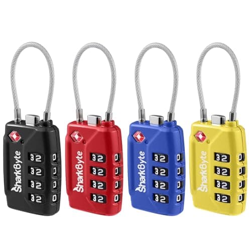 SharkByte TSA Approved Suitcase Locks - 4-Dial Security Travel Combination Padlock, Flexible Cable Wire Travel Lock for Suitcases, Luggage locks, Case Travel Bag Gym Locker Code Small PadLock (4 Pack)