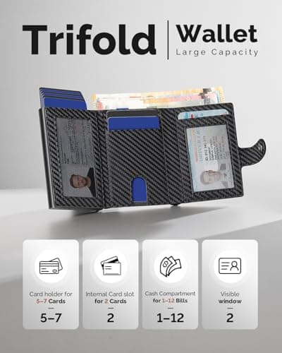 YESIIW Credit Card Holders Wallets for Men RFID Blocking Leather Minimalist Smart Pop Up Trifold Wallet with Magnetic Coin Pocket, Button Closure, Holds Up to 9 Cards, 2 ID Window(Carbon Fiber) — view 3