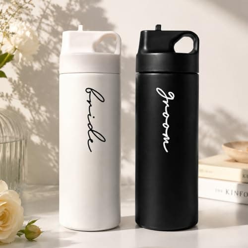 GroomBrideGifts Bride and Groom Travel Cups – 16.2oz Insulated Stainless Steel Water Bottles for Wedding, Bride to Be and Groom to Be Gifts for Couples — view 5