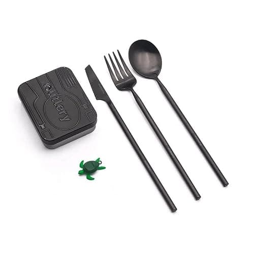 Outlery | Portable Camping Cutlery | Reusable Stainless Steel Travel Cutlery Set with Case | Pocket Sized, Durable and Easy to Clean (Black), Cutlery Set for 4