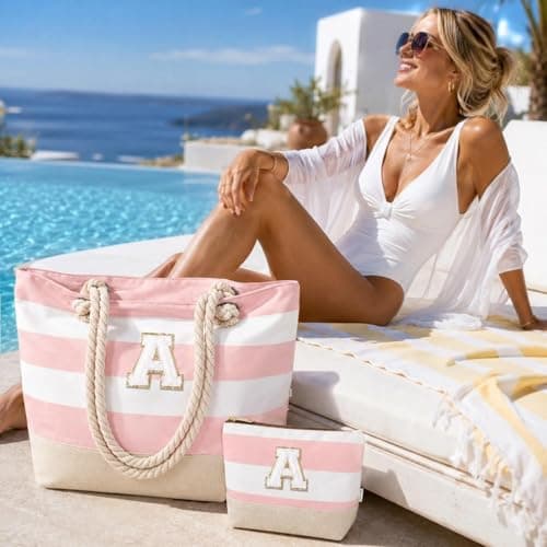 Vavabox Initial Beach Bag with Zip＆Pockets, Personalised Gifts for Women(S) — view 2