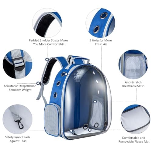 LN COZY CORNER Transparent Bubble Cat Backpack –Space Capsule Pet Carrier Backpack with Hard‑Shell Dome, Breathable Mesh & Padded Straps – Hands‑Free Travel Cat Bag Carrier (Blue) — view 3