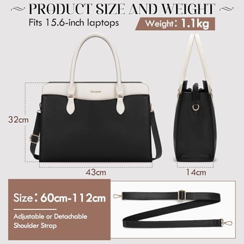 RAINSMORE Laptop Bags for Women 15.6 Inch Ladies Work Bag PU Leather Designer Laptop Handbag Large Laptop Tote Bag for School Computer Business Travel Black and White — view 3