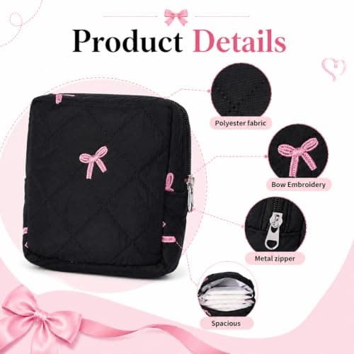 Portable Sanitary Bags for Teen Girls, Quilted Sanitary Napkin Storage Bag Cute Bow Period Pouch for Pads Reusable Period Bags with Zipper Sanitarys Napkin Storage Pouch First Gift for Women(Black) — view 3