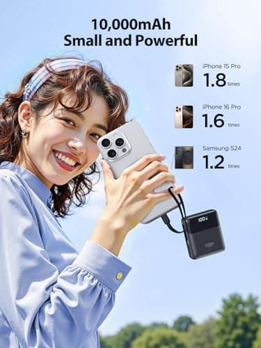 Power Bank 10000mAh,22.5W PD Fast Charging Portable Charger Built-in 2 Cables,USB C Battery pack,Mini Powebank Charger for iPhone 17 16 15 14 13 12 Plus Pro Samsung iPad Small - Size (73x62x26.5mm) — view 3