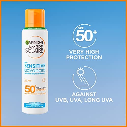 Garnier Ambre Solaire SPF 50+ Sensitive Advanced Dry Mist Sun Cream Spray, Water Resistant & Non Greasy Sunscreen, Fragrance Free, UVA & UVB Protection, Approved by Cruelty Free International, 150ml — view 3