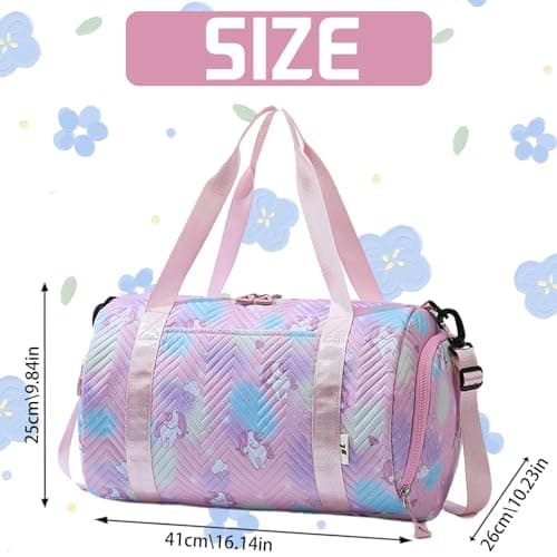YOUYIKE Small Gym Bag for Girls, Unicorn Travel Bags, Swim with Shoes Compartment & Waterproof Pocket, Waterproof Dance Bag, for Girls Fitness Workout, Travel, Dance, Ballet, Swim, Pink — view 2