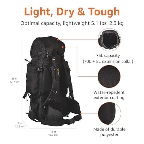 Amazon Basics Internal Frame Waterproof Hiking Backpack Rucksack with Rainfly, 75 L, Black — view 4