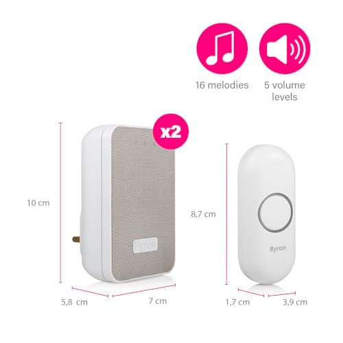 Byron Wireless Doorbell Set – Twin Pack – Battery Portable and Plug in – 150 m Range – 16 Melodies – DBY-22324UK — view 3