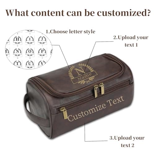 Personalised Men Toiletry Bag, Custom Engraved Travel Dopp Kit with Name Initials, Valentines Gift, Groomsmen & Best Man Gift, Father's Day, Wedding, Birthday Present for Husband, Coffee Brown — view 4