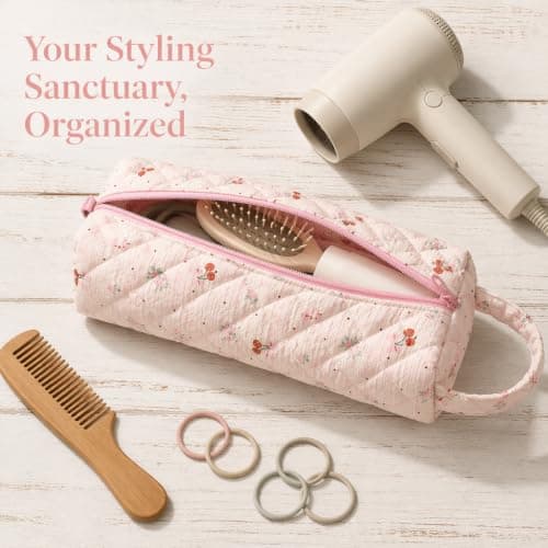 Hair Tool Storage Travel Bag for Hair Dryer Portable Travel Case | Floral Quilted Hair Styling Accessories Bag for Hair Dryer Attachments with Large Opening — view 3