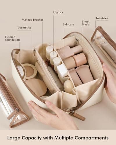 Prite 3 Pcs Travel Makeup Bag Set for Women with 2 Clear TPU Pouches, Beige — view 2