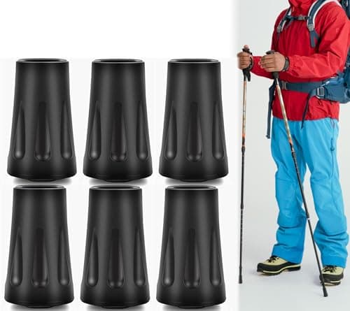 6-Pack Heavy Duty Walking Stick Tips - Reinforced Rubber Ferrules for Trekking Poles, Hiking Sticks & Canes - Universal Fit Non-Slip Replacement Caps