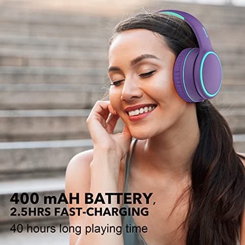 RORSOU B10 Bluetooth Headphones Over Ear, 2 EQ Music Modes(Normal/Bass) and 50H Playtime Wireless Headphones with Mic, Lightweight Folding HiFi Stereo Headset for iPad/Travel/Tablet/PC/Home Purple — view 4