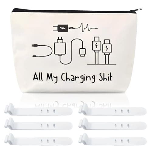 XMDROU Charging Cable Organizer Bag, Travel Pouch Make Up Bag All My Charging Stuff Travel Bags Funny Zippered Cable Storage for Women Men with 6 Silicone Cable Ties Gadget Organiser Gift