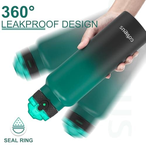 GOPPUS 750ml/26oz Stainless Water Bottle with Straw Double Wall Insulated Bottles with Strap Reusable Vacuum Thermal Flask Leakproof Keep Cold Drinks Bottles with Flip Top Lid BPA Free (Green Black) — view 4