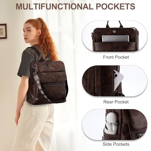 VASCHY Backpack for Women, Large Vegan Leather Rucksack with Wallet Set Convertible Handbag for Lady Guitar Strap — view 5