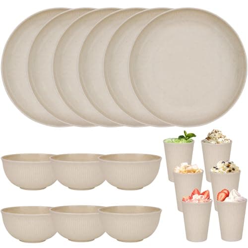 Plastic Dinner Sets for 6 People,18pcs Camping Plates and Bowls Set, Reusable Picnic Set Unbreakable Plates, Cups, Bowls for Children, Adult, Party, Home