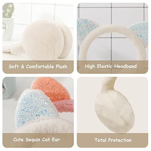 IHCEMIH Ear Muffs Women Girls Earmuffs Winter Accessories Fluffy Plush Adjustable Adults Outdoor Thermal Ear Warmer Skiing Running Cat Ears Covers Protector from Wind Cold Gift for Girls Ladies White — view 3