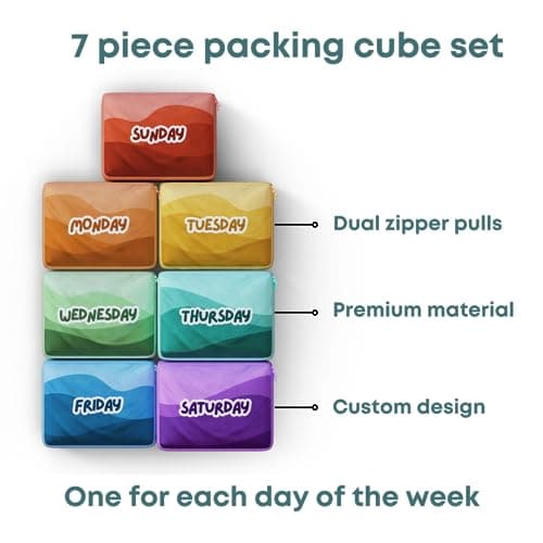 Sharing the Road Packing Cubes for Kids & Baby Days of the Week 7 Set Daily Outfit Suitcase Organizers for Boys and Girls Summer Camp, Cruise, and Family Vacation (Large) — view 5
