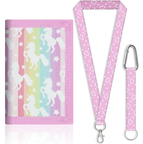 Larfraecy Kids Wallet with Lanyard for Girls Boys Wallets for Teenagers Trifold Coin Purse,ID Window,Key Chain Holder,Adjustable Neck Strap–Cartoon Velcro wallet for Christmas Birthday Gifts (Unicorn)
