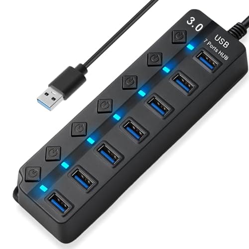 7-Port USB 3.0 Hub Multiport Splitter with Individual Switches and Lights