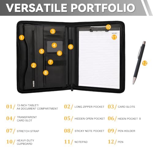 Leathario Portfolio Folder, A4 Conference Folder with Notepad and Pen, Vegan Leather Zipper Padfolio with Pockets for Tablets Notepads Files, Travel Business Portfolio, Planner Document Organizer — view 4