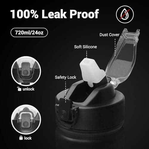 BuildLife 720ML Insulated Water Bottle with Straw,Leak Proof Double Walled Stainless Steel Metal Sports Water Bottles, BPA Free,Dishwasher Safe,Drinking Bottle for Travel,School,Gym (Black) — view 3