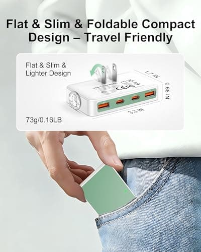 KWRNVO Flat USB Wall Charger 4 Ports Slim 65W USB-C/A Flodable Plug Fast Charging Block for iPhone 8/9/10/11/12/13/14/15 Multiport Power Charging Adapter for ipad and Galaxy Series S8-10 Green — view 6