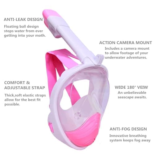 Full Face Snorkel Mask Adults,Snorkeling Gear for Men & Women with Detachable Camera Mount,180° Panoramic View Scuba Mask Diving Dry Top Snorkel Set Anti-Fog Easy Draining Travel Package(Pink S/M) — view 4