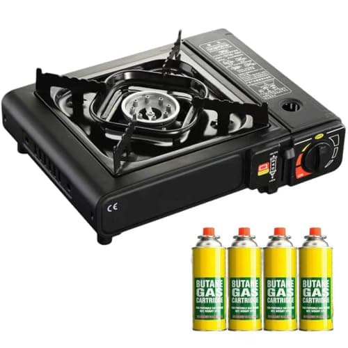 Camping Gas Stove Black with Hard Case and 4 Gas Can Cylinders Emergency Gas Shortage Kit for the Home or Outdoors