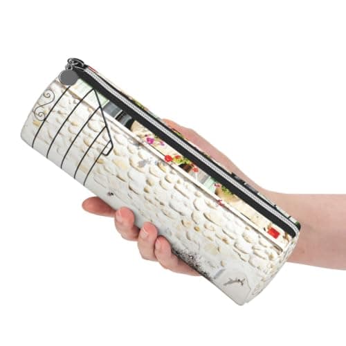 kkvhhyuo Leather Pencil PU Leather Cosmetic Makeup Bag, Stone House with Bike Printed Pen Bags with Silver Zipper Storage Box for School College Office Travel — view 4