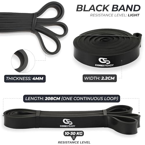 Coresteady Pull Up Bands & Resistance Bands - Rubber Heavy Duty Elastic Loop Band for Men & Women - Build Fit Power & Muscle - Training, Fitness Assist Pull Ups & Gym Exercise - Black, 10-30kg — view 2