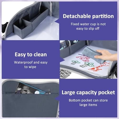 KTCINA Kids Travel Tray, Car Seat Tray for Kids Travel Car Seat Lap Table with Adjustable Strap, Toddler Lap Desk Organizer, Activity Organizer & Snack Holder, Road Trip Essentials for Kid — view 4