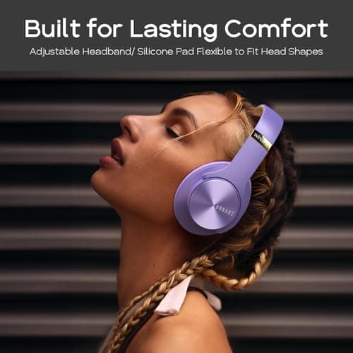 DOQAUS Bluetooth Headphones Over Ear, 90H Playtime, Bluetooth 5.3 Wireless Headphones, 3 EQ Mode, Foldable Hi-Fi Stereo Bass Headphones Wireless, Soft Earpad, Built-in Mic, for Phone PC Travel(Purple) — view 3