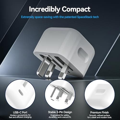 Type C Charger Fast Charging, [MFi Certified] 25W Foldable Travel Charger with UK Plug for Samsung/Phone/iPad and AirPods, Gift for Friends & Family (1Pack-without cable) — view 3