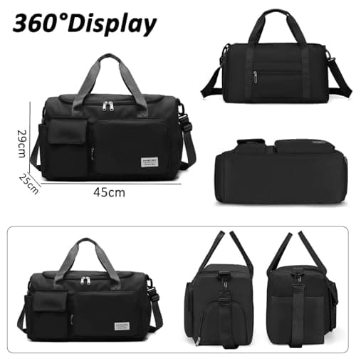 Sports Gym Bag Foldable Overnight Weekend Bags Womens Mens Duffel Bag with Shoes Compartment Water Resistant Holdall with Wet and Dry Separation Bag for Sports and Travel (Black) — view 2