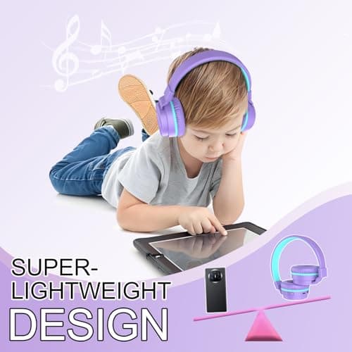 Kids Bluetooth Headphones,Lightweight Kids Headphones Wireless,85/94dB Safe Volume,40H Playtime,Fast Charging,Bluetooth 5.3,Over Ear,Toddler Headphone Built-in Mic for School/Tablet/Travel (Purple) — view 5