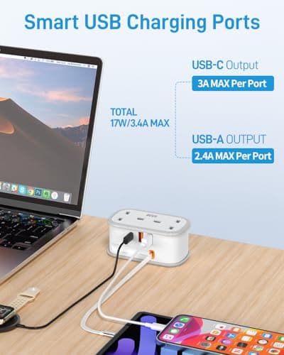 Travel Extension Lead, BEVA Power Strip with Retractable USB C Cable, 2 Way Power Socket with 3 USB Ports (1 USB C), 1.5M Extension Cable Cords for Cruise Travel Hotel Home Office Camping - White — view 4