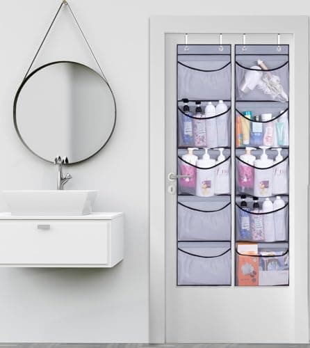 MISSLO 2 Pack Over the Door Storage Hanging Organiser with 5 Mesh Pockets Organizer for Bedroom, Bathroom, Closet, Wardrobe, Grey — view 2