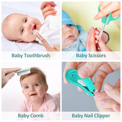 Qunlions life Baby Healthcare and Grooming Kit, Infant Safety Care Set with Hair Brush Comb Nail Clipper, Baby Essentials Kit for Newborn Girls Boys (Green 14 in 1） — view 4