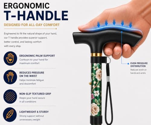 HATAF Adjustable Folding Walking Stick 85-95cm for Men, Women & Ladies – Lightweight Collapsible Cane, Balance Support & Non-Slip Tip, Mobility Aid for Seniors, Elderly & Disabled (Green Flowers) — view 3