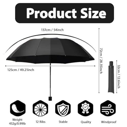 Lichamp 54-Inch Large Golf Umbrella 12 Rib Manual Open 3-Fold Compact Reverse Umbrella Folding Extra Large Oversized, Windproof & Rainproof & Sun Protection for 2–3 People, for Men Women Family — view 2