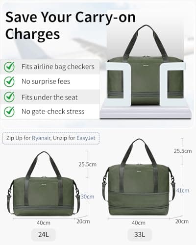 ECOHUB for Ryanair Cabin Bags 40x30x20, Expandable Underseat Hand Luggage Bag, Foldable Carry On Bag with Removable Wet Pocket, Water-Resistant Overnight Hospital Weekend Bag for Women (Green) — view 2