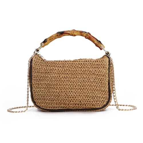 Freiesoldaten Women Straw Crossbody Bag, Boho Woven Small Shoulder Purse with Faux Bamboo Handle, Detachable Metal Chain Strap Casual Handbag for Summer Beach Vacation Travel Daily Use