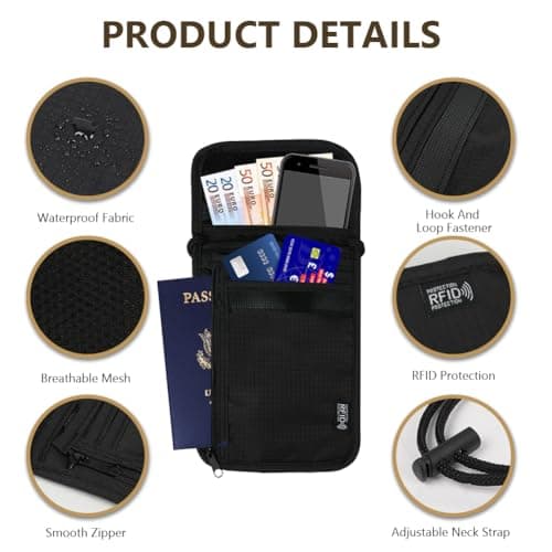 flintronic Travel Neck Wallet, Neck Pouches with RFID Blocking, Passport Holder Pouch with Adjustable Strap, Travel Wallet for Men and Women, Keep Cash Cards Phone Safe — view 4